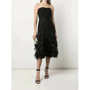 Marchesa Notte Size 6 Black w/ Gold BeadingStrapless Midi Tea-Length Tulle Gown